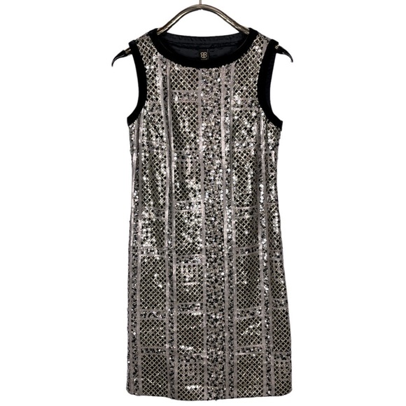 BASLER SEQUIN GEOMETRIC SLEEVELESS VELVET TRIM SHEATH PARTY COCKTAIL DRESS - Picture 5 of 14